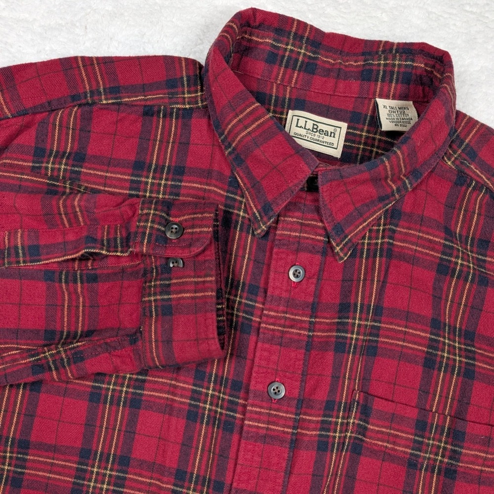 Vintage LL Bean Flannel Shirt Mens XL Tall Red Plaid Long Sleeve Button Canada‎